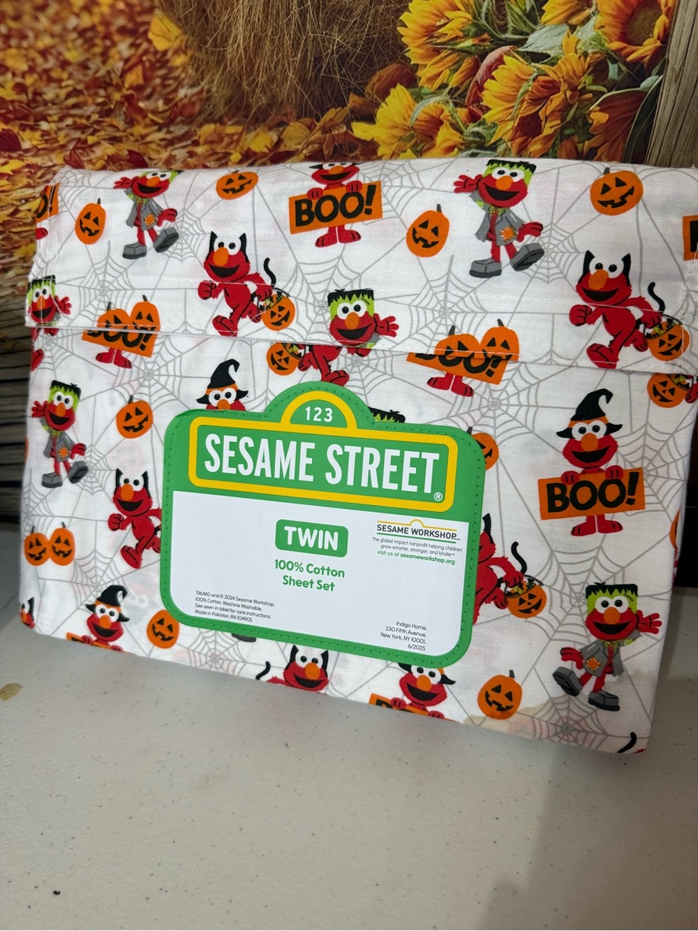 Sesame Street Elmo Halloween Twin Sheet Set - White, Orange, Red, Green, Black